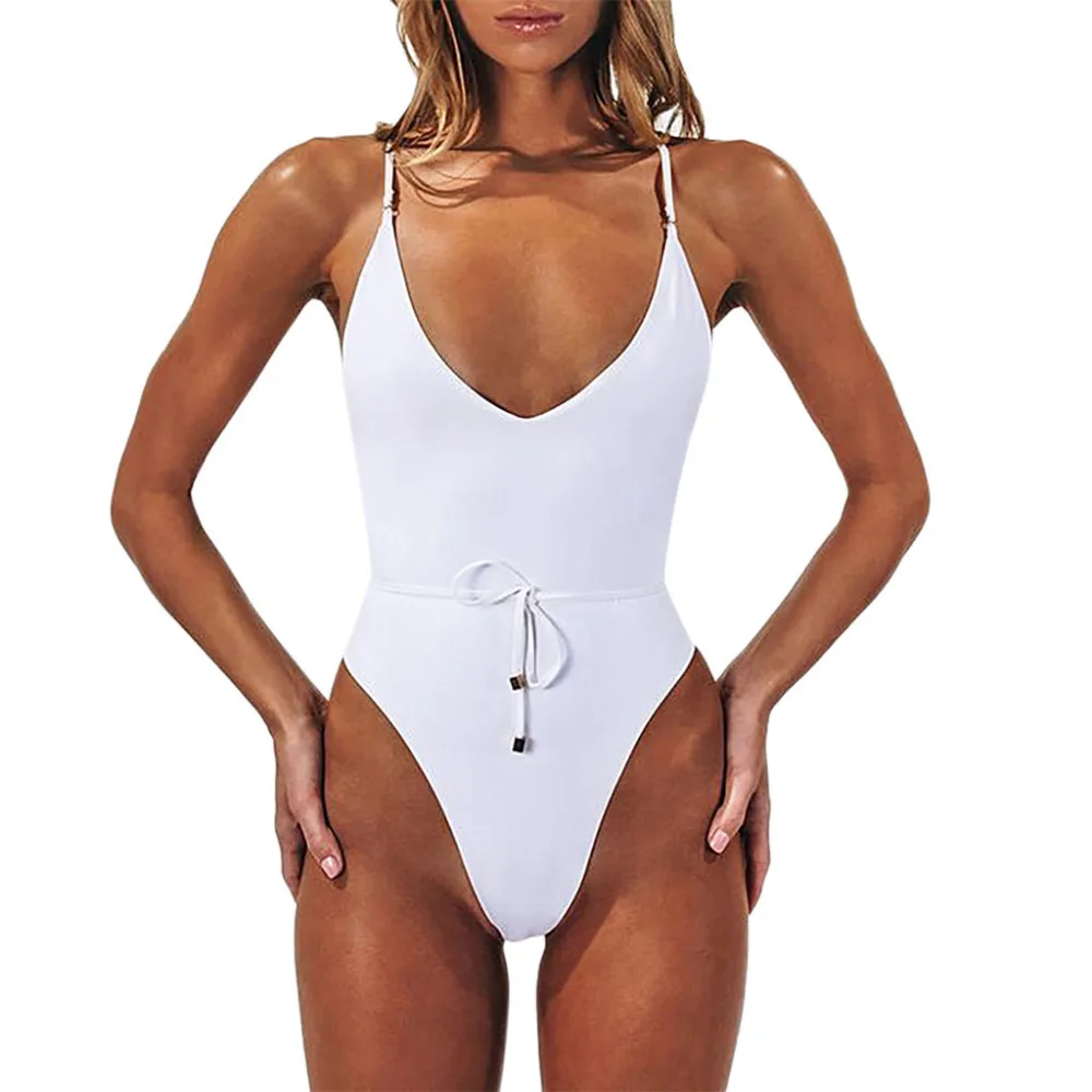 2019 women's drawstring halter one-piece sexy bikini set summer solid color sexy swimwear push up bikinis e fatos de banho 40J13 (10)
