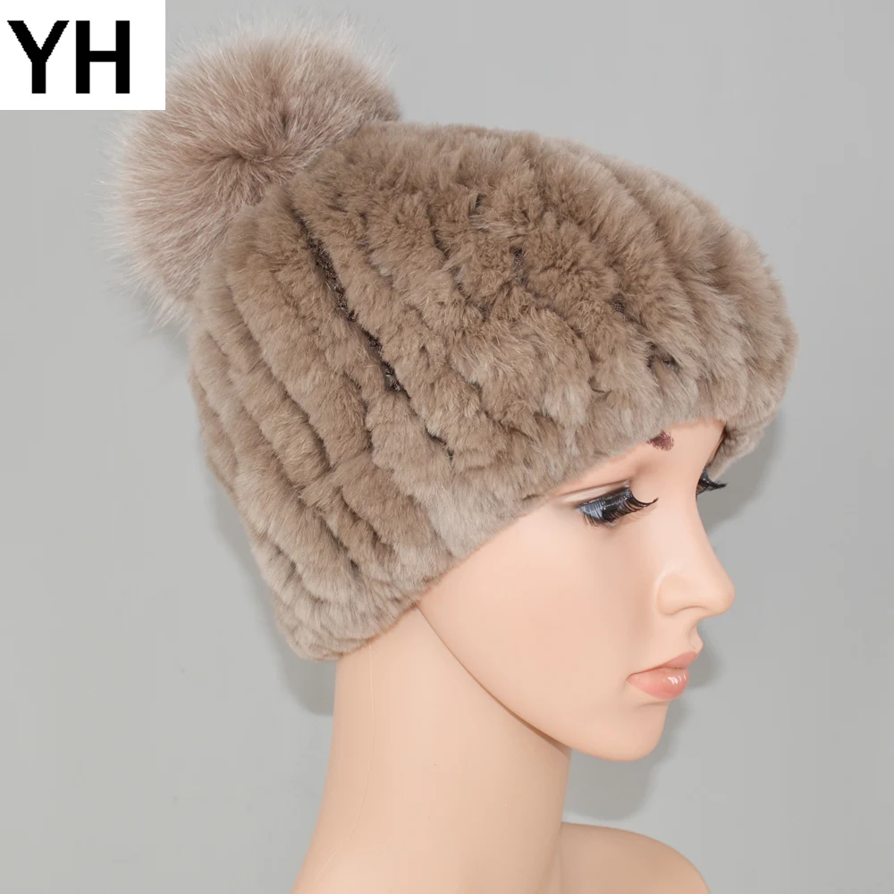 

New Girls 100% Natural Real Rex Rabbit Fur Hats Winter Women Casual Rex Rabbit Fur Skullies Caps Striped Real Fur Knitted Cap