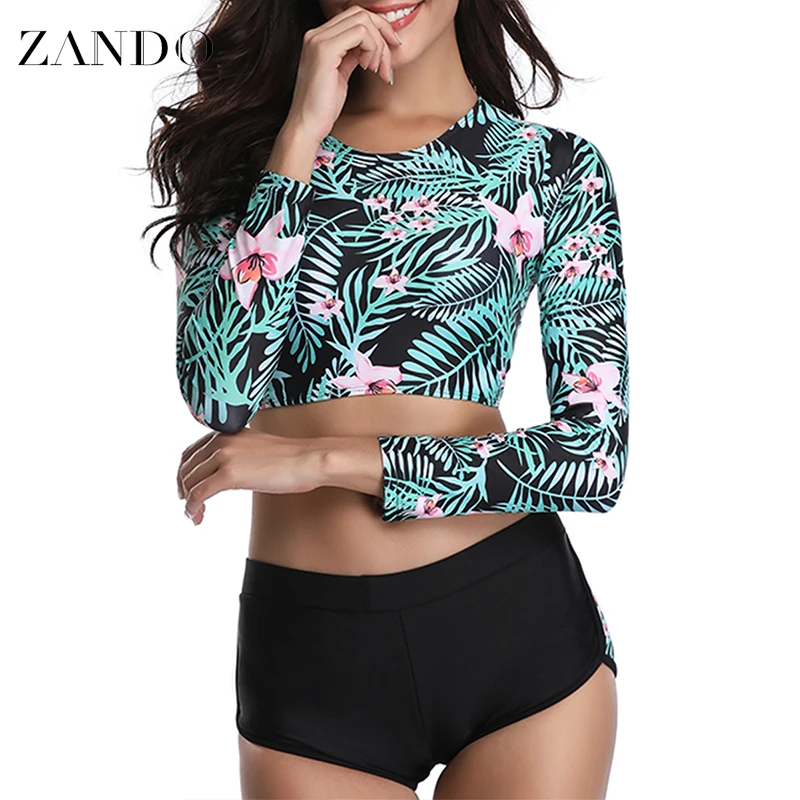 

Zando Lace-up Cross Back Long sleeves Printed Bikini Set Women Bandage Swimsuit High Bathing Suit Summer Swimwear Biquinis