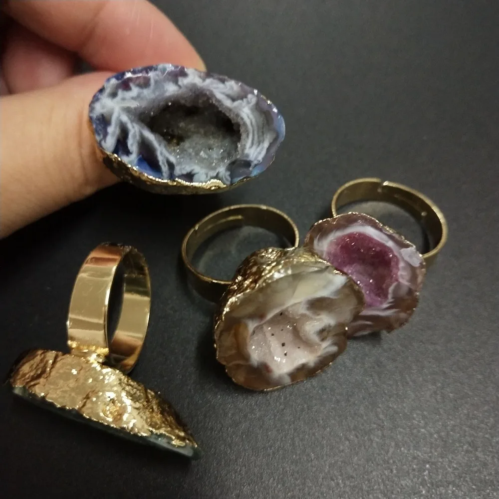

New Irregular Natural Stone Druzy Knuckle Ring Adjustable Drusy Gold Color Crystal Open Finger Rings For Women Wedding Jewelry