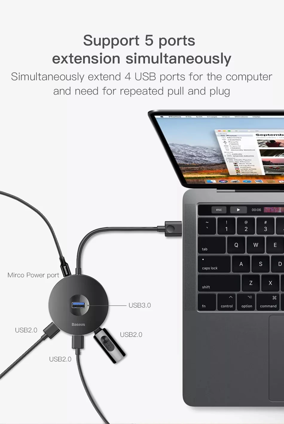 MI Mijia Baseus Мульти USB 3,0 type C к USB3.0 3 USB2.0 Универсальный концентратор адаптер для Macbook компьютер жесткий диск ноутбук телефон