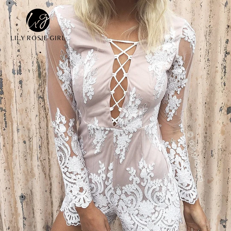 

Lily Rosie Girl Elegant White Mesh Lace Up Sexy Short Jumpsuit Rompers Women Summer Party Sexy Club Hollow Out Jumpsuits Overall