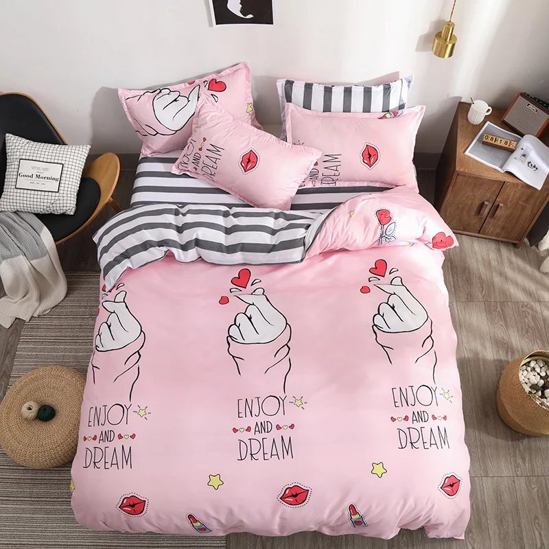 Pink Double Bed Winter Thickening Letter Dream Duvet Cover+ Bed Flat Sheet+ Pillow Case Twin Full Queen King size - Цвет: ZN27