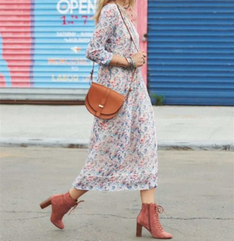 

Women Floral Print Robe Femme V Neck Long Sleeve Long Dress French Sweet Fresh Style