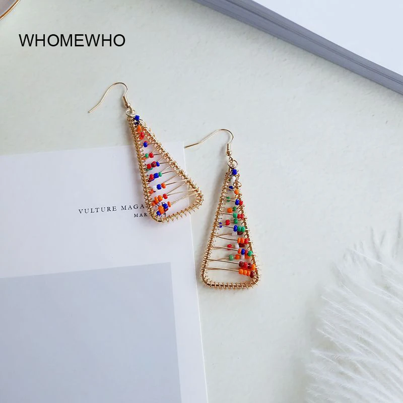 

Gold Metal Handmade Wire Seed Beads Triangle Geometric Drop Earrings Fashion Bohemia Gold Metal Ethnic Jewelry Party Accessories