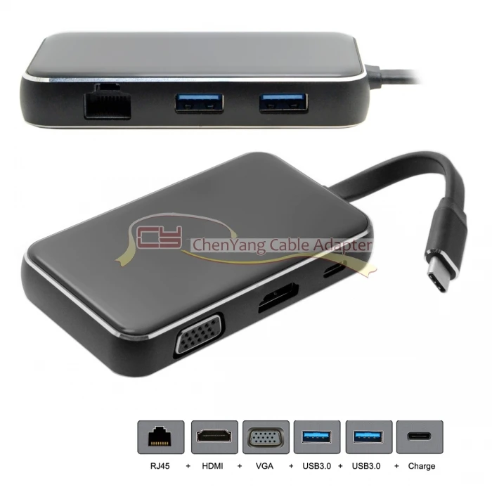 1 шт. USB 3,1 Тип C к HDMI VGA USB концентратор OTG Ethnernet заряжен адаптер док-станции для нового Mac book Chrome книга XPS13 с тип-c порты и разъёмы