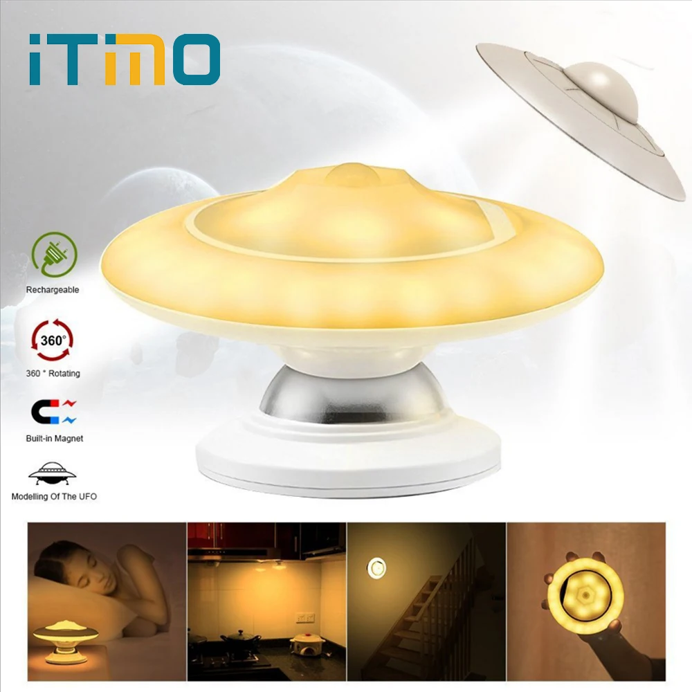 

iTimo LED Night Light PIR Infrared Body Motion Sensor UFO 360 Degree Rotating Magnetic Wall Lamp Home Corridor Wardrobe Light