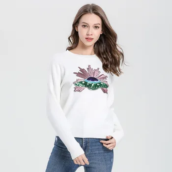 

Spring Autumn Embroidery UFO Sequined Sweater Women Knitted Pullover Tops Long Sleeve O-Neck High Street Women's Clothing TS7088