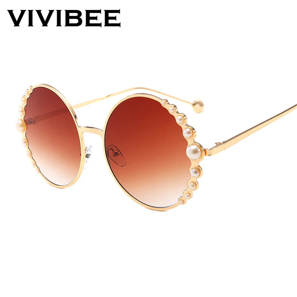 Женские большие солнцезащитные очки VIVIBEE роскошные круглые с жемчугом брендовые