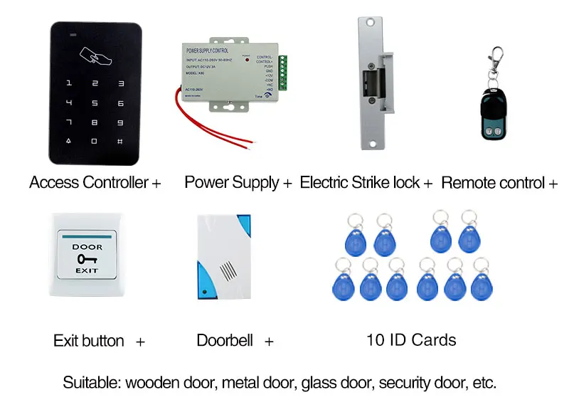 Полный RFID двери Система контроля доступа комплект с Электрический замок + Питание + клавиатура + дверной звонок + Дистанционное управление +