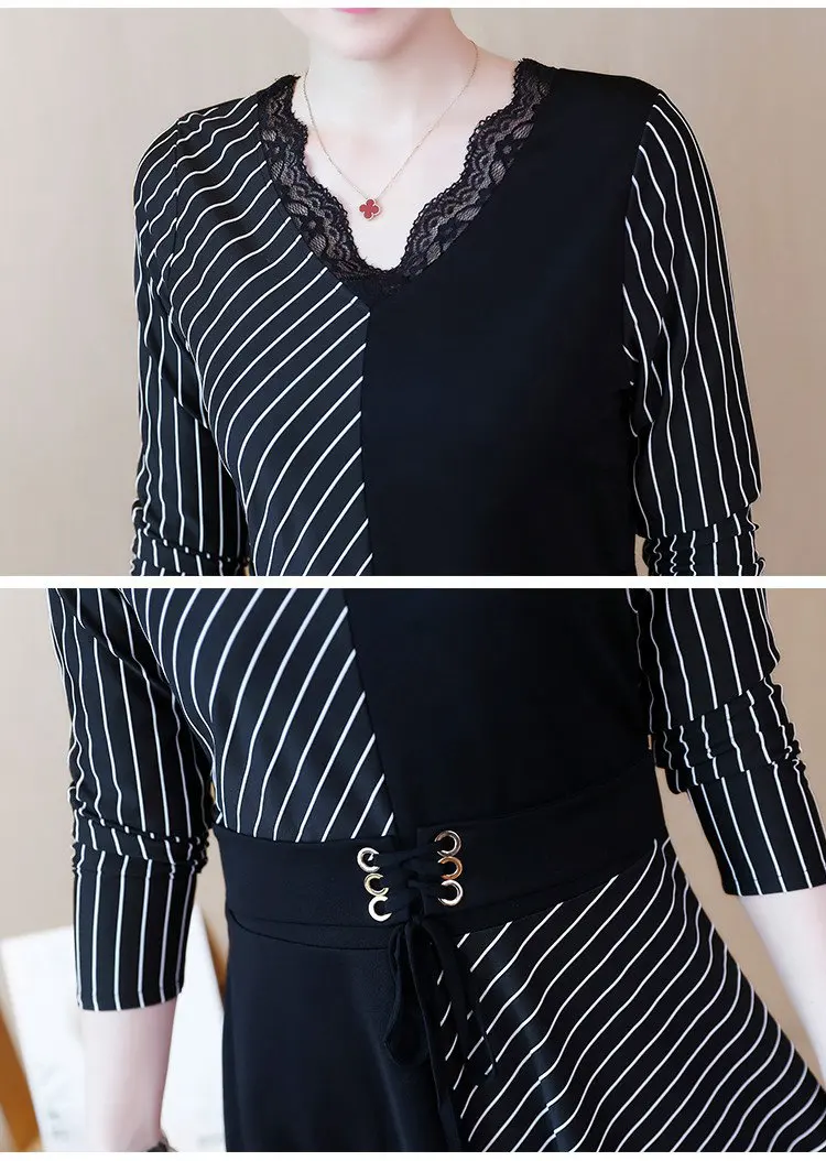 2019 Korean Fashion Women Dress Autumn Large Size Dresses Striped Patchwork Dress Ladies Lace V-Neck Long Sleeve Vestidos Robe Femme (9)