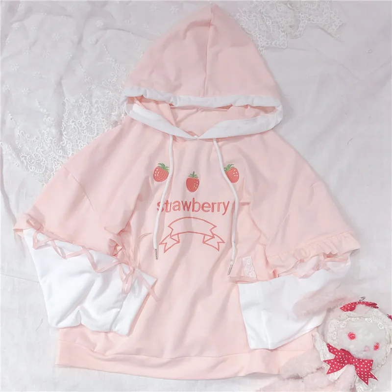  Soft Sister Cute Strawberry Embroidery Women's Hoodies Kawaii Young Girl Pullover Spring Bandage Lo