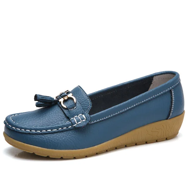 LAKESH/повседневная женская обувь на плоской подошве; кожаные водонепроницаемые мокасины; 10 цветов; модная женская обувь с бахромой; обувь без застежки с круглым носком; большие размеры 35-44 - Цвет: Синий
