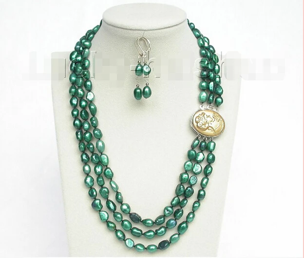 

fast shipping>> 3row 12mm baroque green pearls necklace dangle Earrings set j8548