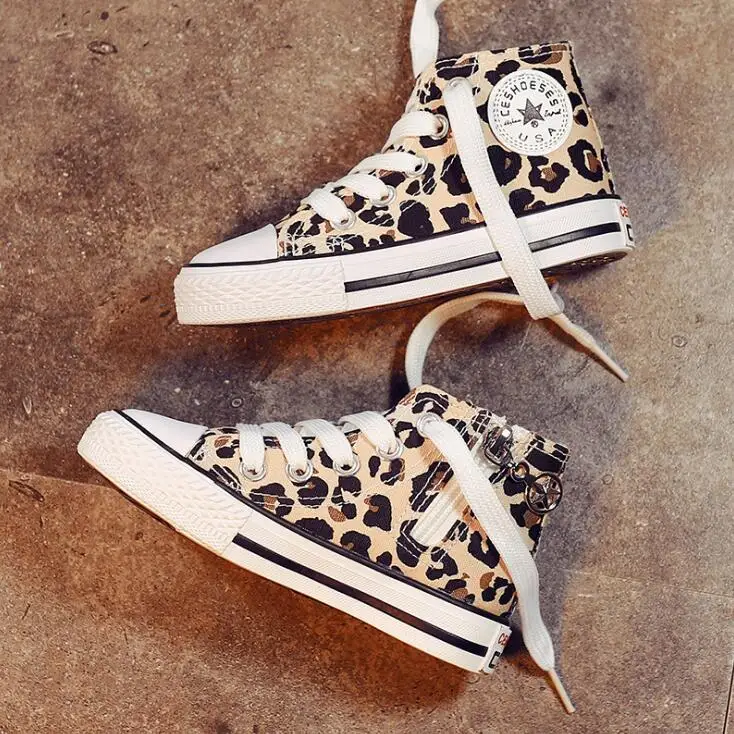 Online Zapatos casuales para niños con estampado de leopardo, zapatos de lona clásicos Unisex para niñas, zapatillas con cordones para estudiantes, zapatos para niños pequeños
