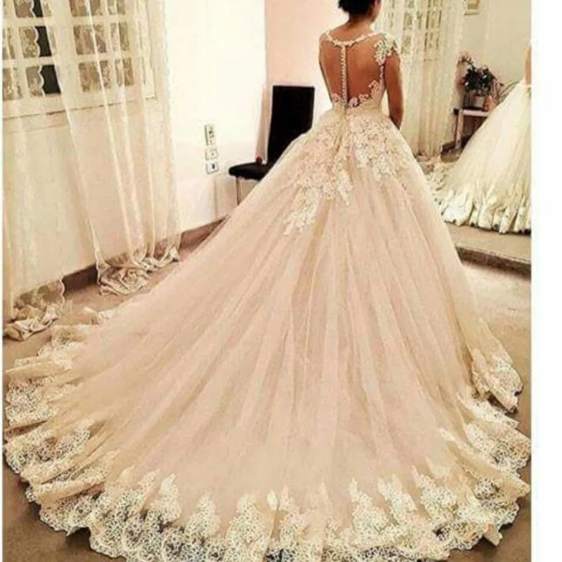 

vestido de noiva robe de mariage Tulle Cap Sleeve Applique Ball Gown Illusion Wedding Dress 2020 Zipper With Buttons