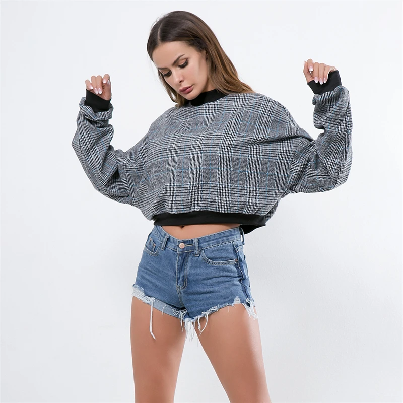 Plaid Printed Hoodies Sweatshirts Harajuku O Neck Women Short Hoodie 2019 New Spring Long Sleeve Loose Pullovers Jumper Plaid Printed Hoodies Sweatshirts Harajuku O Neck Women Short Hoodie 2019 New Spring Long Sleeve Loose Pullovers Jumper