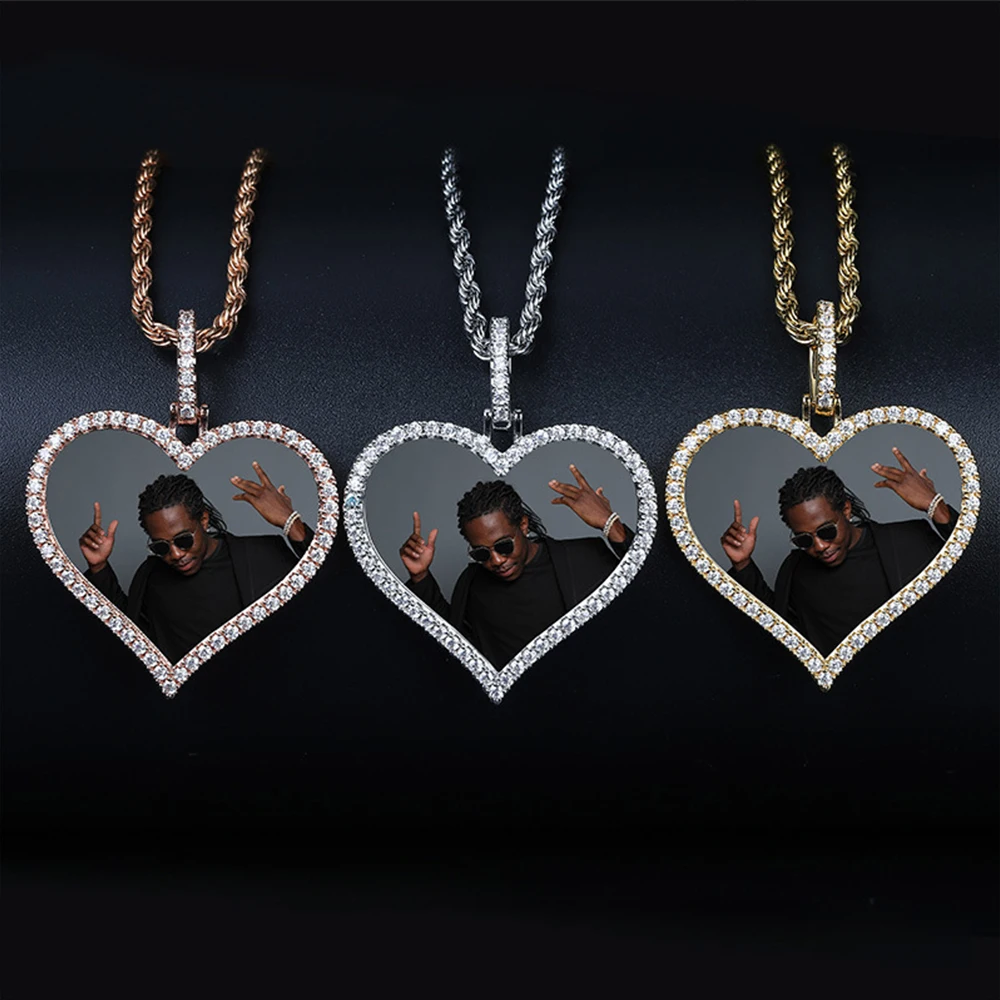 Индивидуальный заказ фото сердце медальоны Iced Out CZ кулон ожерелье с 3 мм канат цепь золото серебро розовое золото мужские хип хоп ювелирные изделия
