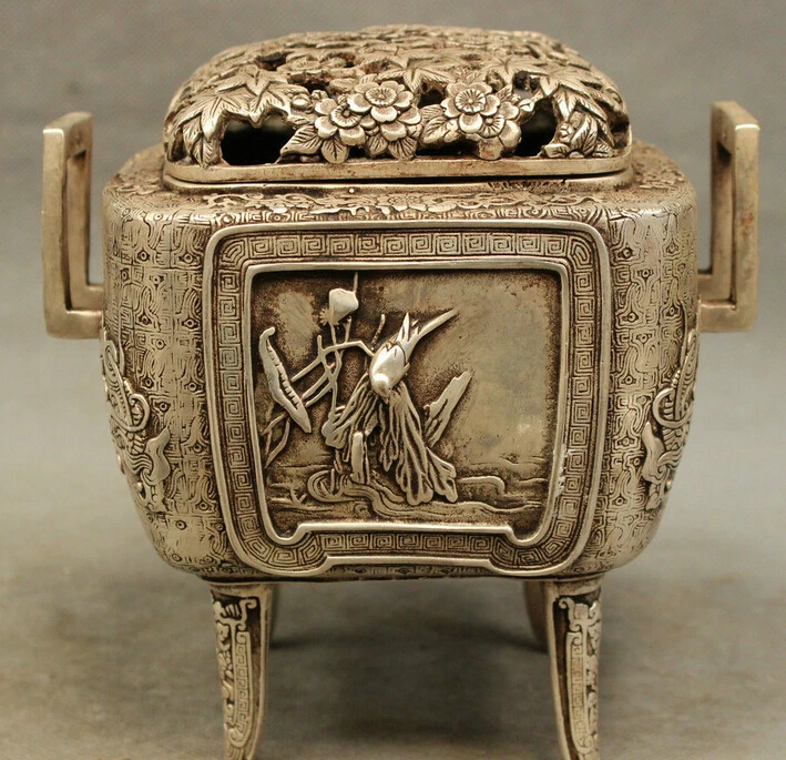 

Folk Chinese Silver Buddhism Bird Kid Statue Box Dragon Incense Burner Censer