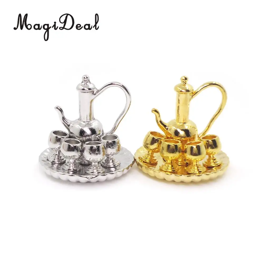6Pcs 1:12 Dollhouse Miniature Silver Metal Tea Coffee Milk Set with Tray for Dolls Living Room Table Tableware Furniture Decor