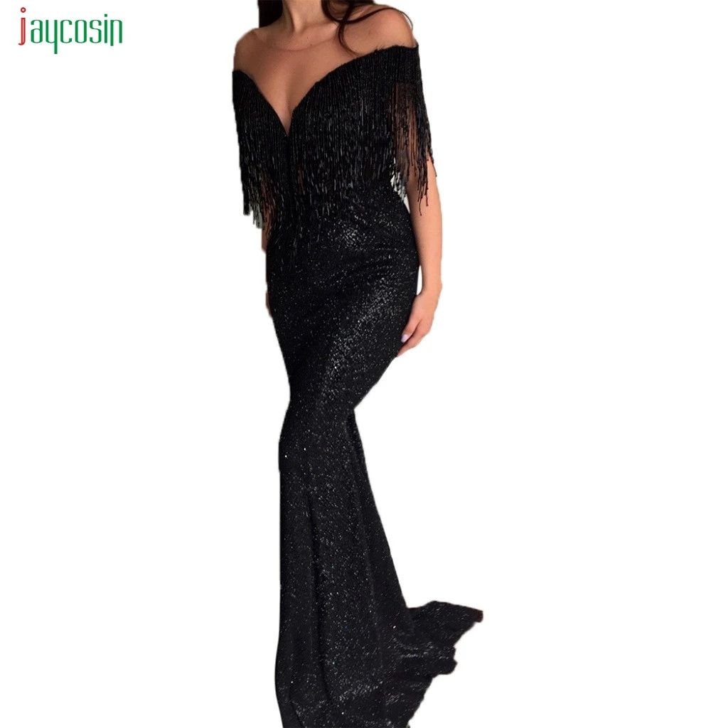 

Jaycosin Women's Tassel Evening Party Sexy Dresses Ladies Solid Hot Sales slash neck Long Dress Summer Vestidos De Festa NEW