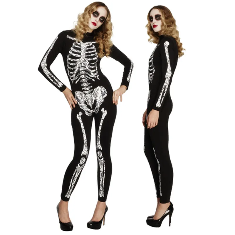 

New Halloween Adult Woman Cosplay Vampire Costume Creative Skull Skeleton Jumpsuit Masquerade Party Sexy Skull Black Bodysuit