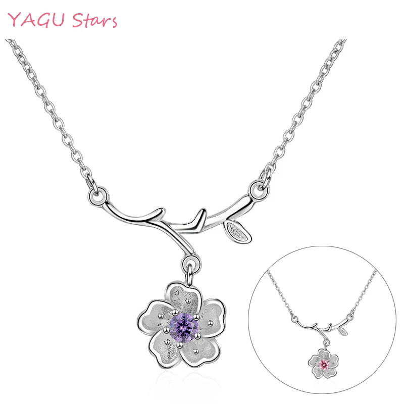 

Trendy Cherry Blossoms Flower Necklace 925 Silver Pink Purple Crystal Pendant Chain Necklaces Jewellery Collier Femme N019