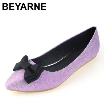 

BEYARNE New Women Flock Leather Flats Canvas Fashion Bowtie Pointy Toe Ballerina Ballet Flat Slip On Shoes Soft Office Shoes
