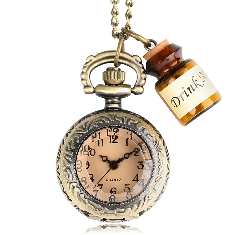 Petite montre de poche pour femmes, horloge Drink Me, collier pendentif avec bouteille, cadeaux d'anniversaire pour femmes et filles, livraison directe