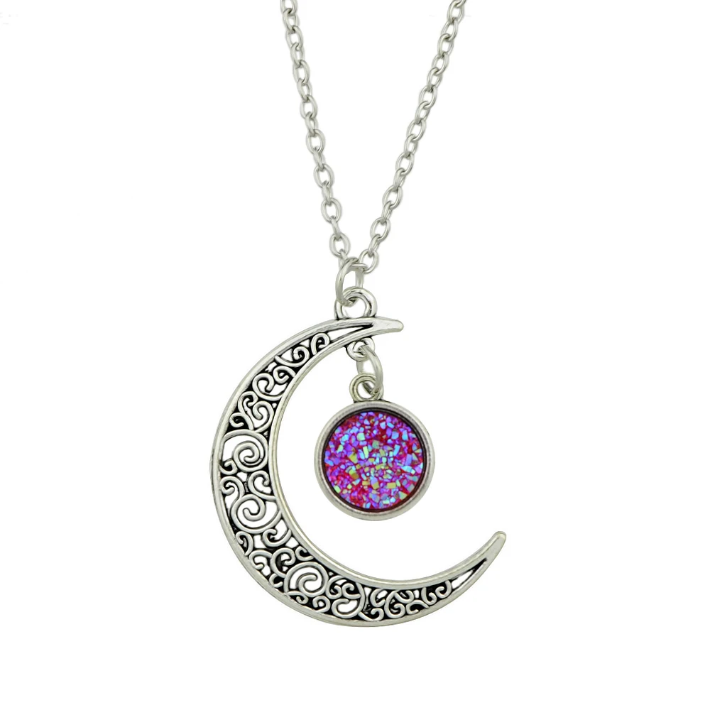 Indian Jewelry Antique Silver Color Chain with Colorful Round Beads Moon Pendant Necklace Bijouterie Female | Украшения и