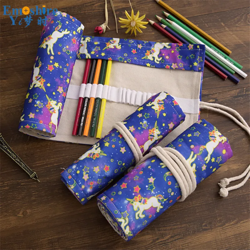 Emoshire New Unicorn canvas student painting curtains environmentally friendly non-toxic stationery storage pen bag wall tied rope (4)