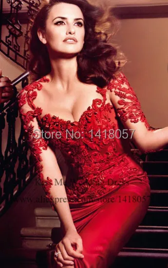 Sexy Red Lace Evening Dresses Long Sleeves Transparent Formal Vestidos Special Occasion Gowns 2015 Side Split LW087