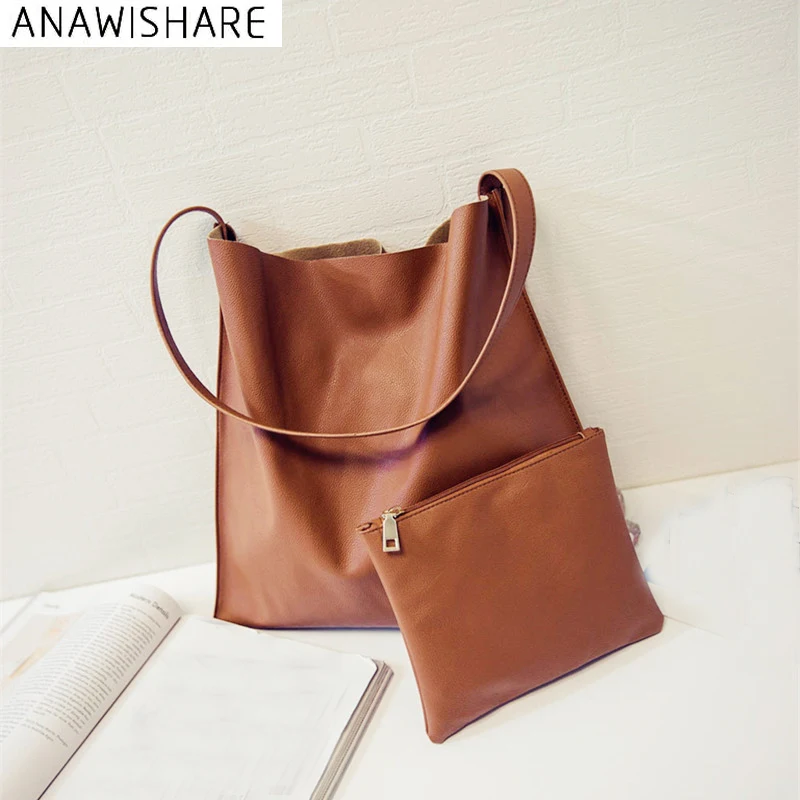 

ANAWISHARE Women Leather Handbags Large Composite Bag Shoulder Bag Ladies Casual Tote Bags Shopping Bags 2 Sets Bolsas Femininas