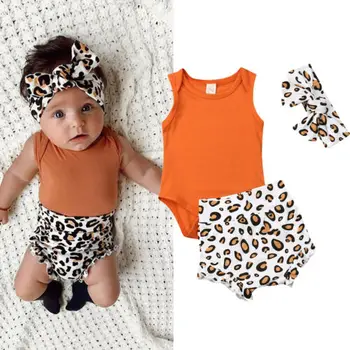 

Toddler Baby Girls Summer Sleeveless Solid Color Romper + Leopard Short + Lovely Leopard Headband Outfits 2019 New