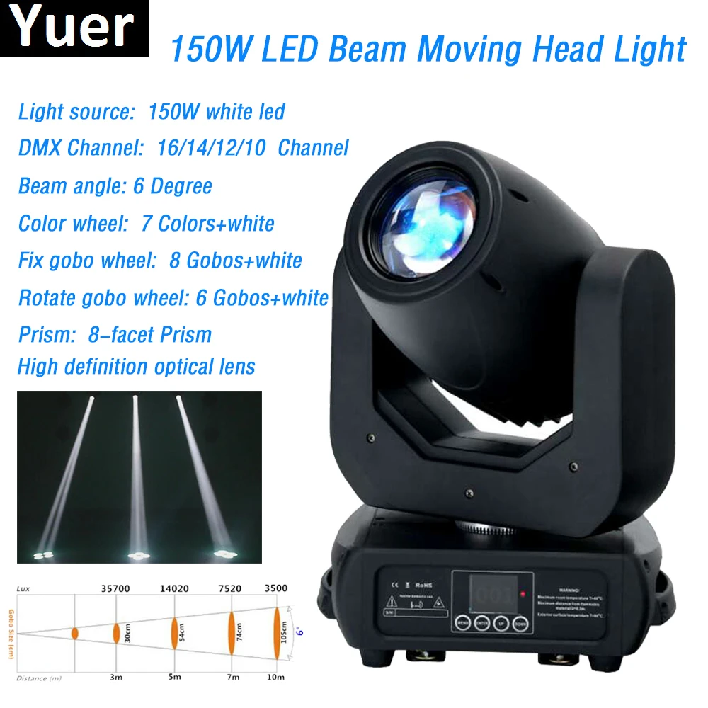 

2019 stage light 150w beam moving head light High brightness led lamp 8 prism DMX512 zoom focus for dj disco 150w led spot light