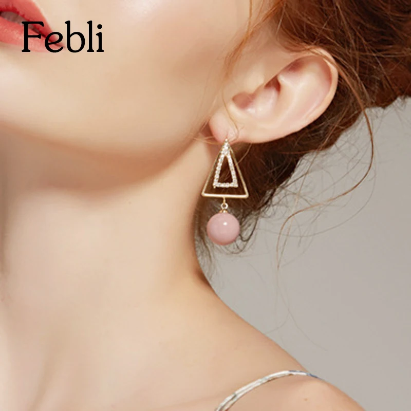 Febli Fresh Temperament Geometry Earrings Triangle And Simulated Pearl Pendants Girl Lovely Pink Colour Earring | Украшения и