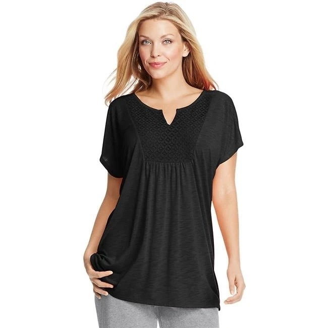 Just My Size 90563230495 Short-Sleeve Slub-Jersey Womens Tunic with Split V-Neck Crochet Bib Yoke - XC 5X