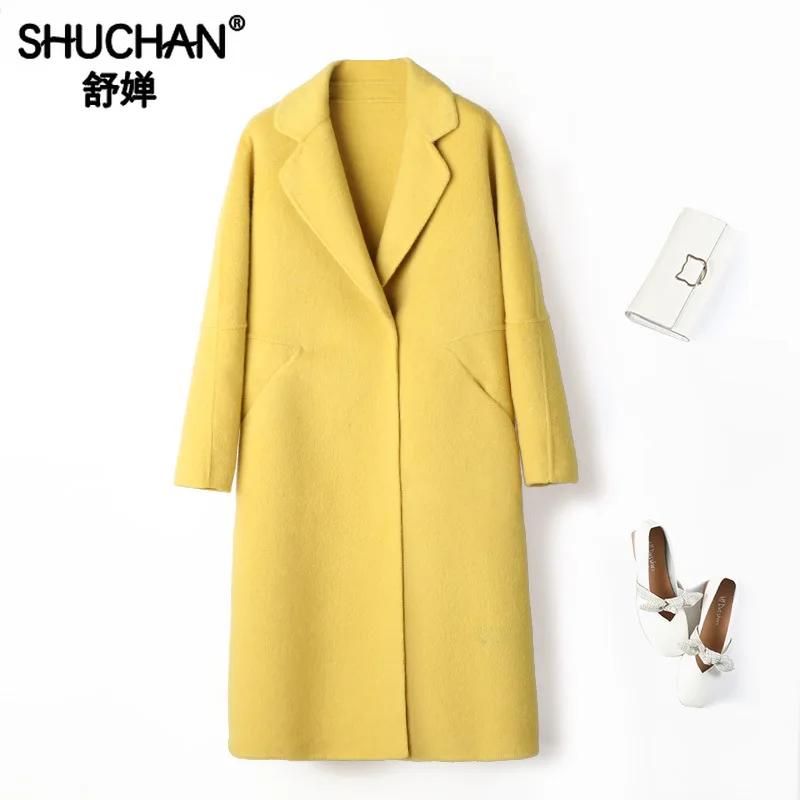 

Shuchan Women's Coat Woolen Blend Casaco Feminino Jacket Female Loose Turn-down Collar Covered Button Wide-waisted Long Coats