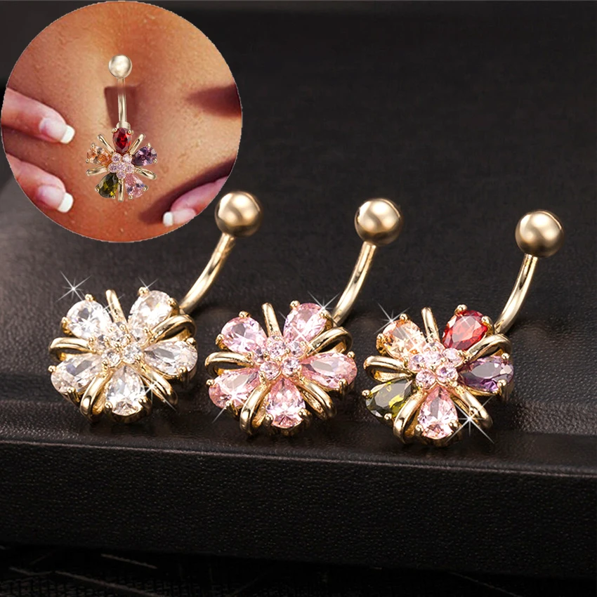 

2019 Trendy Flower Gold-Color CZ Navel Percing Pink Clear Color Cubic Zirconia Belly Button Rings Body Jewelry Gift Box