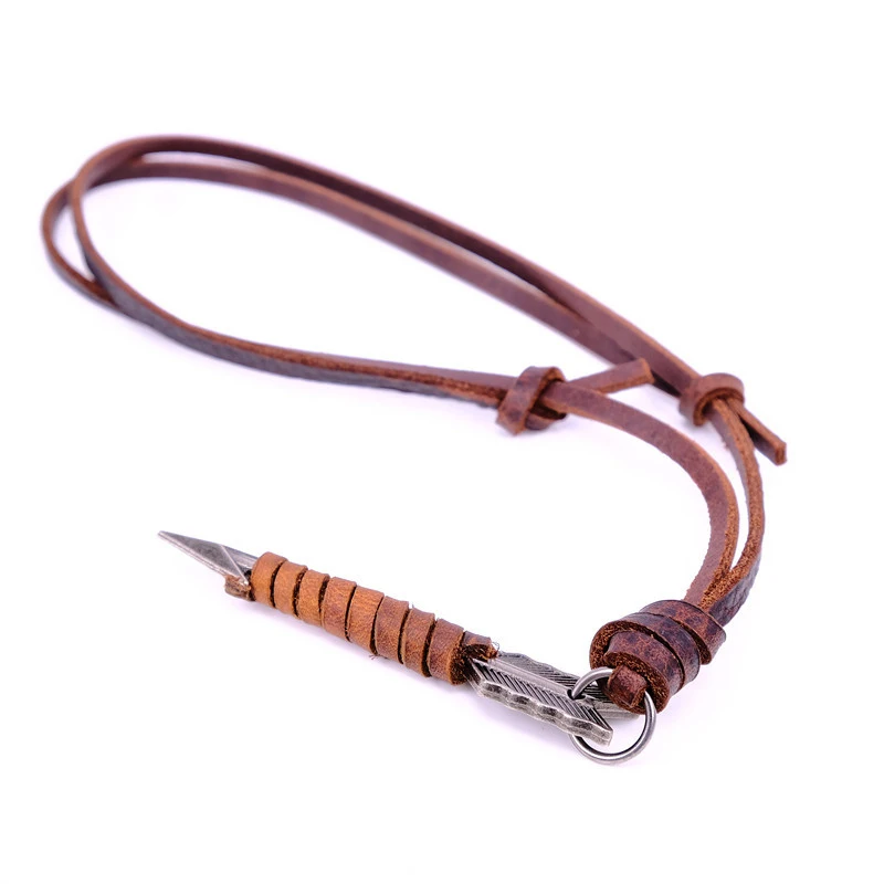 NIUYITID Arrow Pendant Necklace Men Brown 100% Genuine Leather Necklace Jewelry Adjustable Male Vintage Collier Kolye  (2)