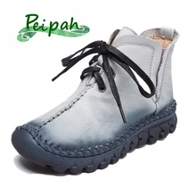 PEIPAH Handmade Retro Women Boots Genuine Leather Ankle Boots For Woman Casual Lace-up Cow Leather Shoes Women Autumn Boots shangmsh floral ankle boots for women winter genuine leather women s boots retro handmade comforable shoes footwear large size