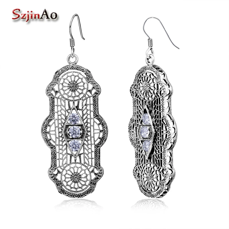 

Szjinao Round Zircon Vintage New Drop Dangle Victoria Large Earrings 925 Sterling Silver Fashion Earring Jewelry Free Shipping