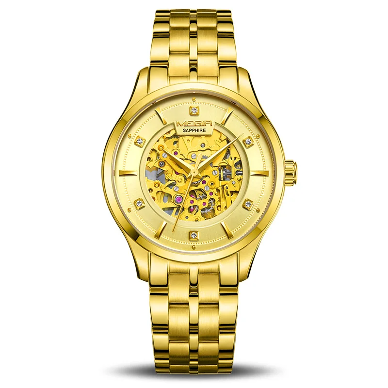 MEGIR новые автоматические механические часы лучший бренд класса люкс сапфировое стекло Скелет Мужские часы кожа золотой дизайн наручные часы - Цвет: Золотой