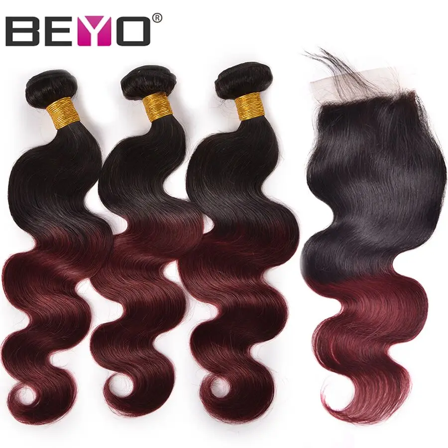 

Beyo 1B Burgundy Brazilian Body Wave Bundles With Closure Ombre Human Hair Bundles With Closure 4x4 Non-Remy Hair Weave 4 PCS