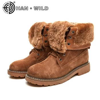 

Thicken Fur Women Snow Boots Warm Long Plush Ladies Lace Up Ankle Boots 100% Genuine Leather Women Ankle Boots High Quality