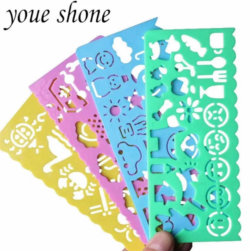 

4Pcs=1Set Cartoon 4 Colors Straight Ruler Stationery Multifunctional Drawing Template Plastic Ruler Painting Hand DIY Learning