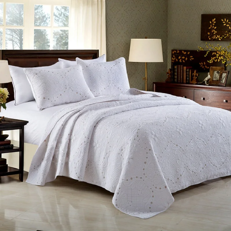 

CHAUSUB Bedspread Quilt Set 3pcs Coverlet Cotton Quilts White Embroidered Quilted Bed Cover Sheets King Queen Size Blanket