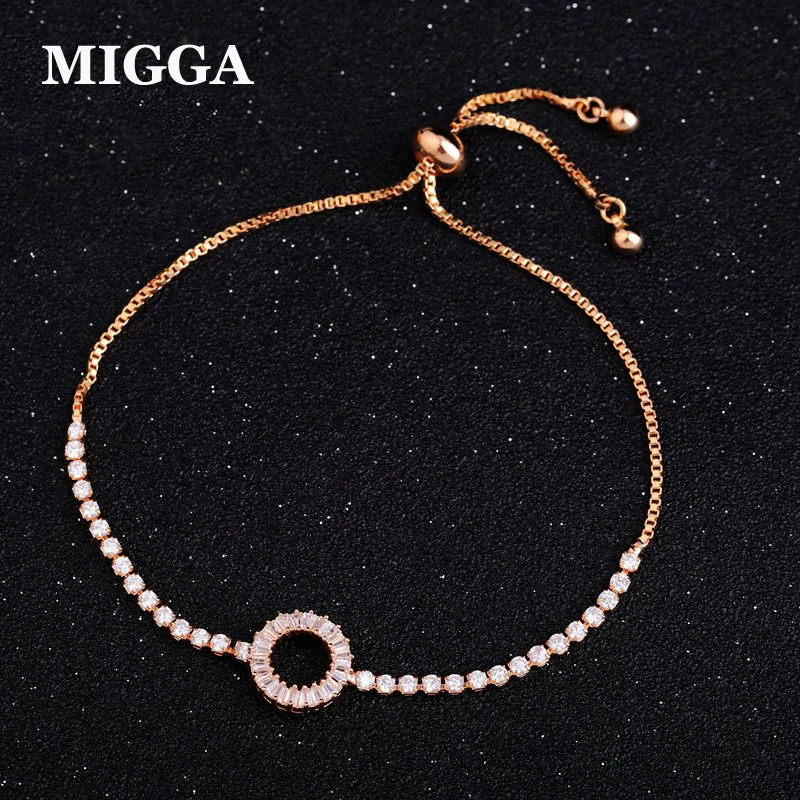 

MIGGA Elegant Round Charm Cubic Zircon Bracelet Chain Adjustable Rose Gold Color Women Chain Jewelry
