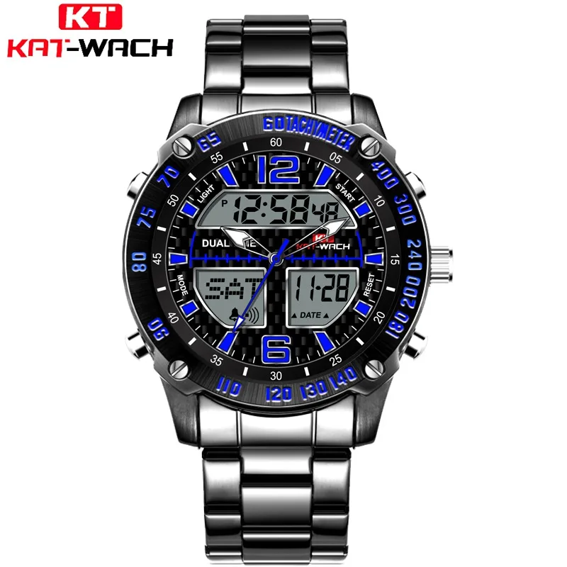 

KAT-WACH Dual Display Analog Watch Man Digital Watch for Mens Stainless Steel Bracelet Wristwatch Male relogio feminino