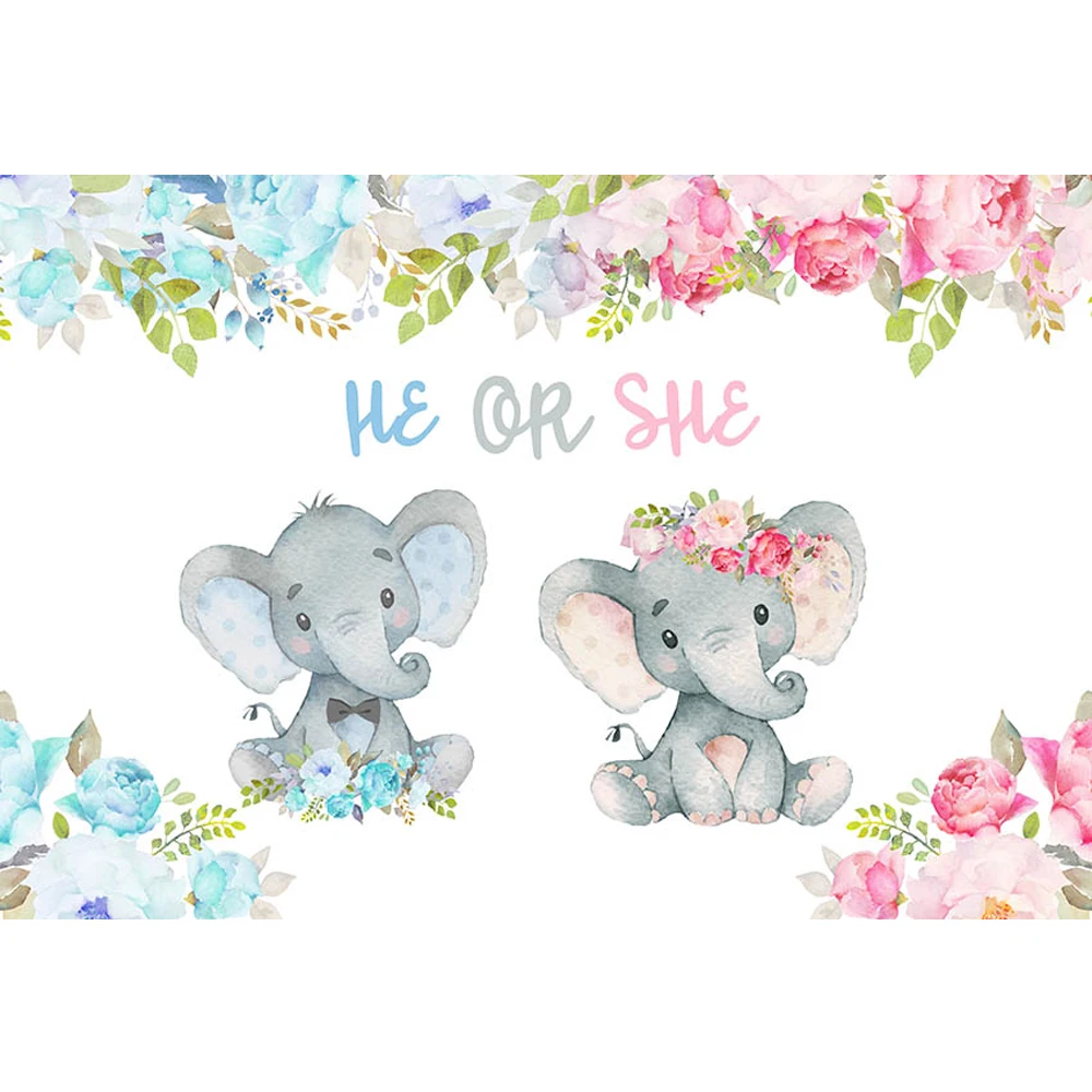 

Elephant Baby Shower Boy or Girl Birthday Background Printed Green Leaves Blue Pink Flowers Gender Reveal Party Photo Backdrop